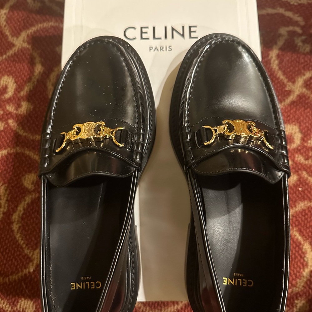 Celine Black Loafers with Gold Detailing